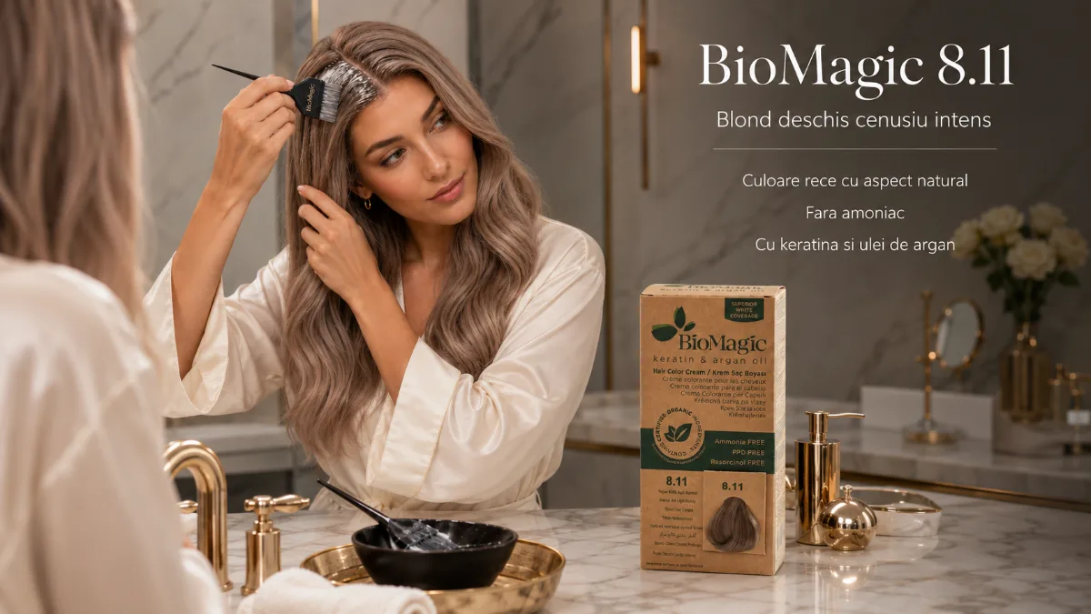 Vopsea de păr fără amoniac blond deschis cenușiu intens 8.11, BioMagic - Vopsea de par