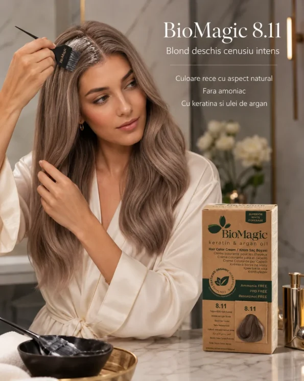Vopsea de păr fără amoniac blond deschis cenușiu intens 8.11, BioMagic - Vopsea de par
