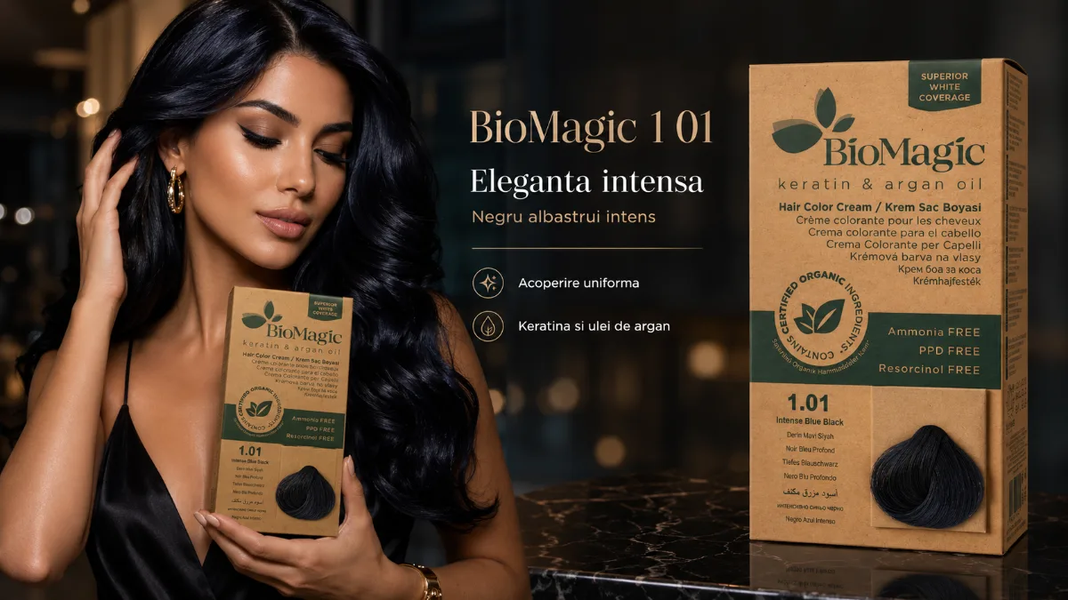 Vopsea de păr permanentă fără amoniac negru albăstrui intens, Biomagic 1.01 - Vopsea de par