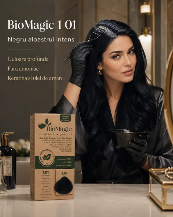 Vopsea de păr permanentă fără amoniac negru albăstrui intens, Biomagic 1.01 - Vopsea de par