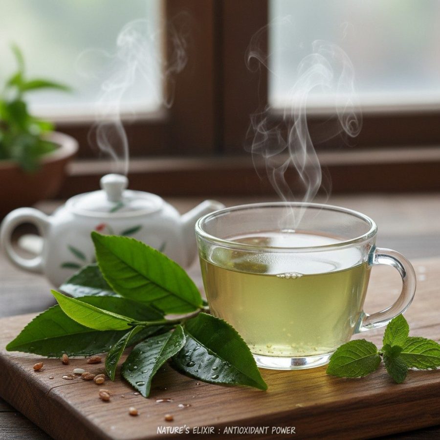 Beneficiile Ceaiului Verde: Ghid Complet 2025 Bazat pe Știință Frunze proaspete de ceai verde lângă o ceașcă de ceai, ilustrând beneficiile ceaiului verde.