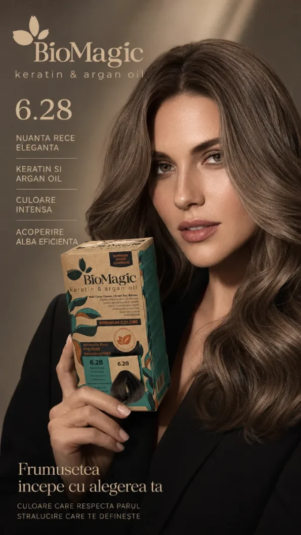 Vopsea de păr permanentă fără amoniac blond închis cenușiu perlat, BioMagic 6.28 - Vopsea de par
