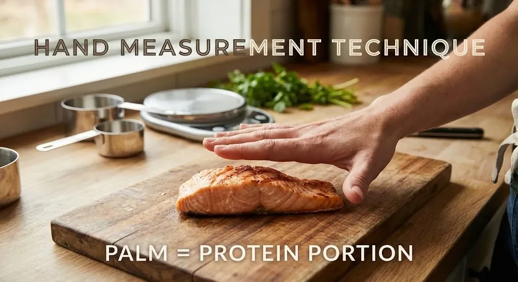 Măsurarea porțiilor cu mâna - comparație palmă cu porție de somon pentru control calorii