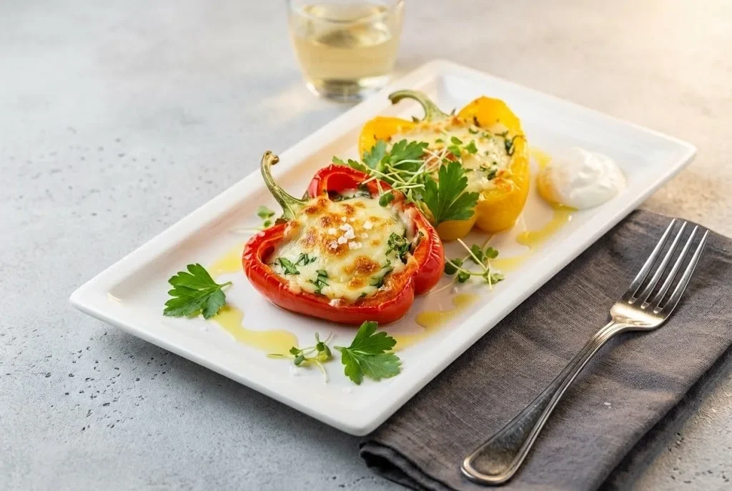Ardei umpluți cu brânză suluguni și ierburi aromate – Rețetă rapidă de aperitiv la cuptor Ardei umpluți cu brânză suluguni și ierburi aromate – Rețetă rapidă de aperitiv la cuptor