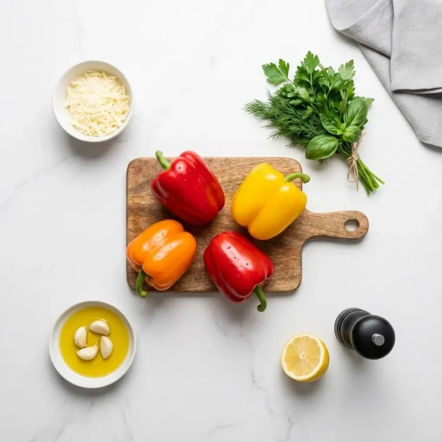 Ardei umpluți cu brânză suluguni și ierburi aromate – Rețetă rapidă de aperitiv la cuptor Ardei umpluți cu brânză suluguni și ierburi aromate – Rețetă rapidă de aperitiv la cuptor