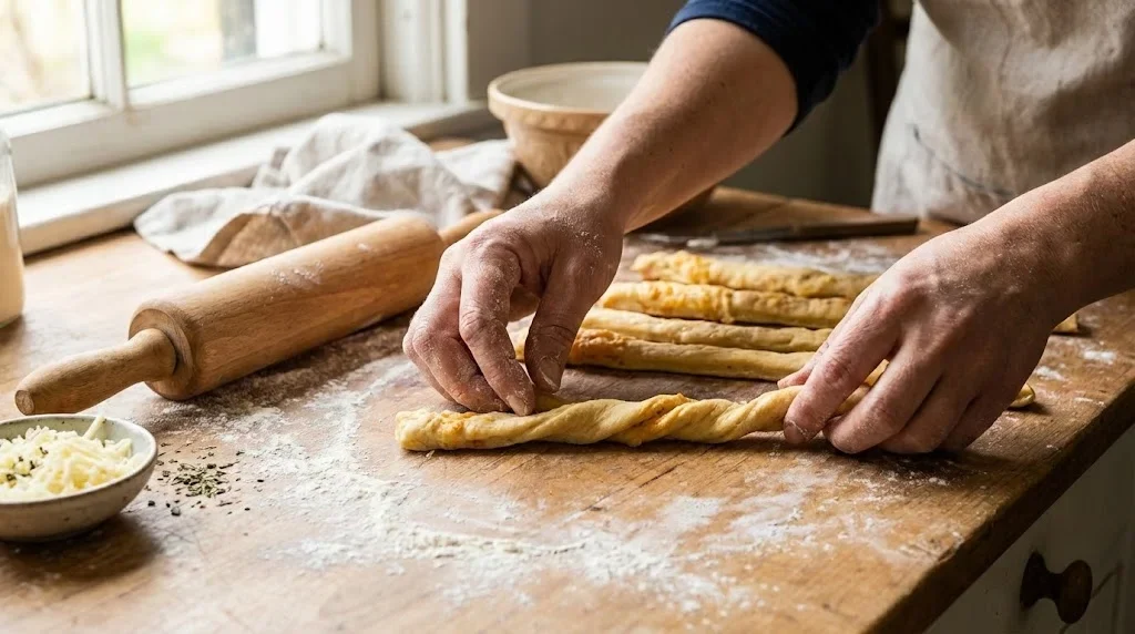 Aluat pentru saratele tăiat în fasii lungi pe blat pudrat cu făină, pregătit pentru coacere