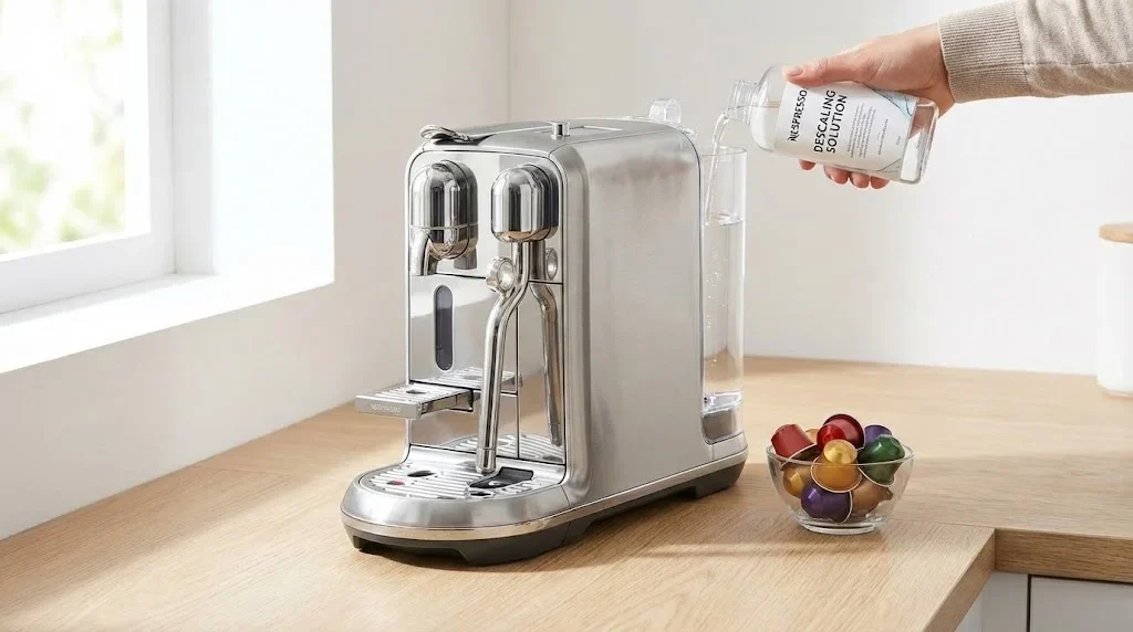 Aparat de cafea Nespresso cu capsule în timpul procesului de curățare și decalcifiere pe blat modern