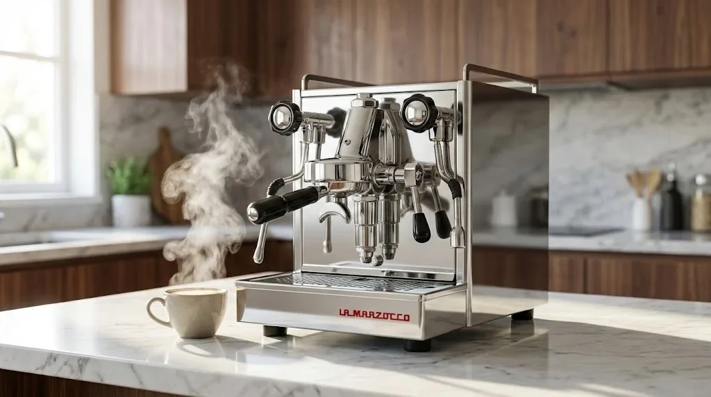 Aparat de cafea espressor modern strălucitor de curat cu o ceașcă de cafea proaspătă pe blat de marmură