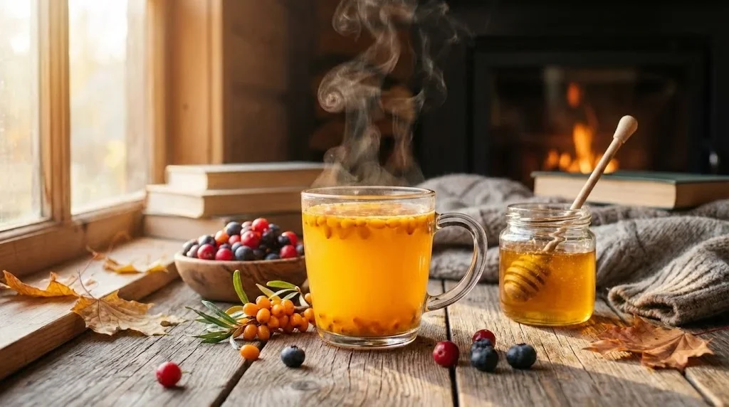 Ceai de catina fierbinte fumegand cu miere si fructe