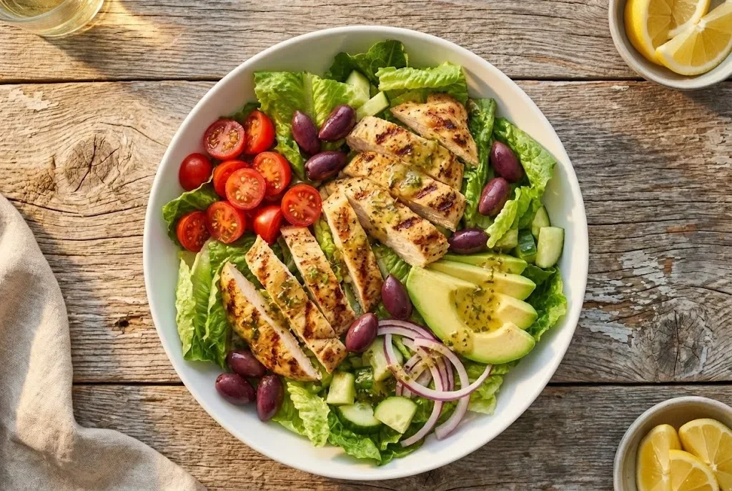 Salată Mediteraneană cu Pui la Grill – Rețetă Savuroasă pentru Vară 2026 Salată Mediteraneană cu Pui la Grill – Rețetă Savuroasă pentru Vară 2026