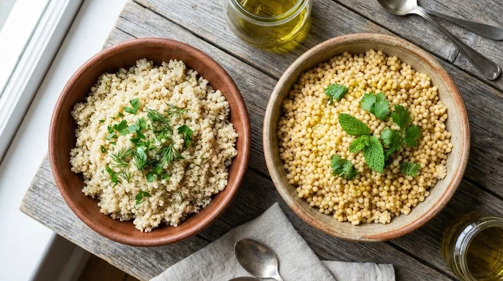 Bol ceramic cu quinoa alba gatita in stanga si cuscus auriu gatit in dreapta, fundal lemn natural, iluminare naturala