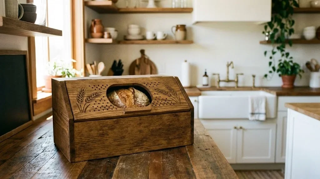 Cutie tradițională pentru pâine din lemn cu capac ventilat pentru păstrare optimă