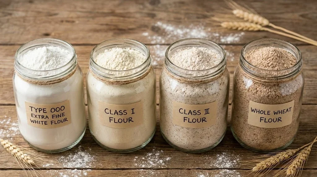 4 borcane cu tipuri diferite de faina de grau: extra alba, clasa I, clasa II si integrala, asezate pe masa rustica