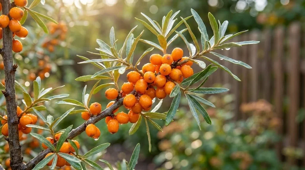 Fructe de catina portocalii proaspete pe ramura cu frunze verzi, fotografie macro profesionala pentru articol despre beneficiile catingi