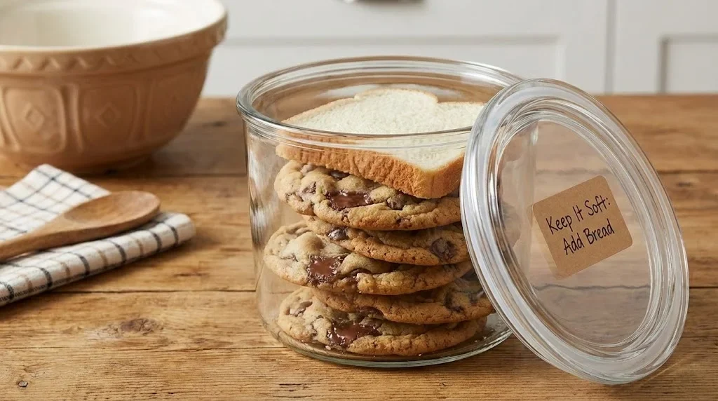 Fursecuri moi în recipient etanș transparent cu felie de pâine pentru păstrare