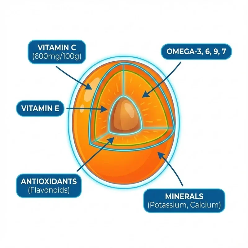 Infografic stiintific cu sectiune transversala fruct catina cu nutrienti