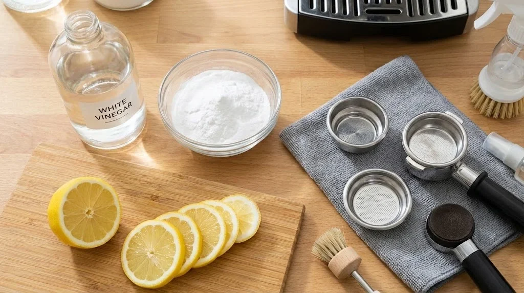 Oțet alb, bicarbonat de sodiu și lămâie pentru curățarea naturală a aparatului de cafea pe blat de bucătărie