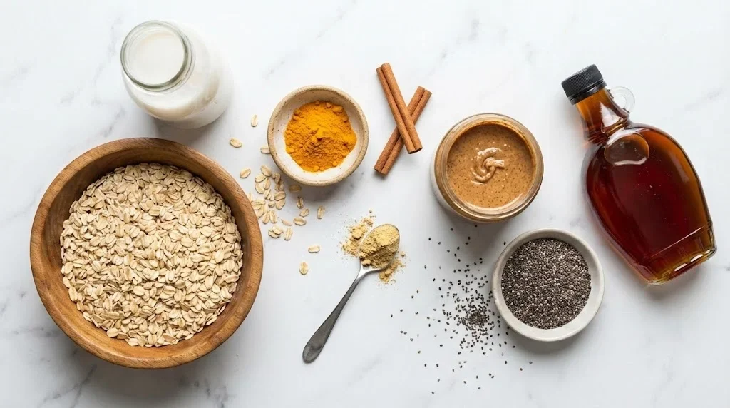 ingrediente raw pentru ovaz overnight golden - fulgi ovaz, lapte cocos, turmeric, scortisoara, ghimbir, unt migdale, seminte chia, sirop artar