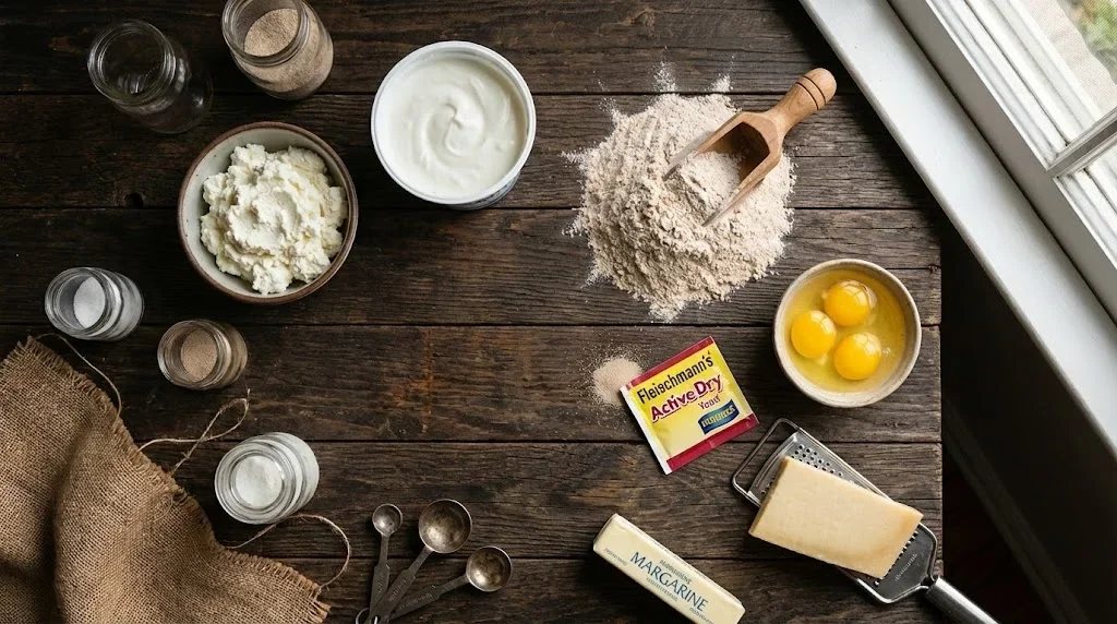 Ingrediente pentru saratele cu branza: brânză ricotta, iaurt, făină integrală, ou, drojdie, margarina, așezate pe blat de lemn