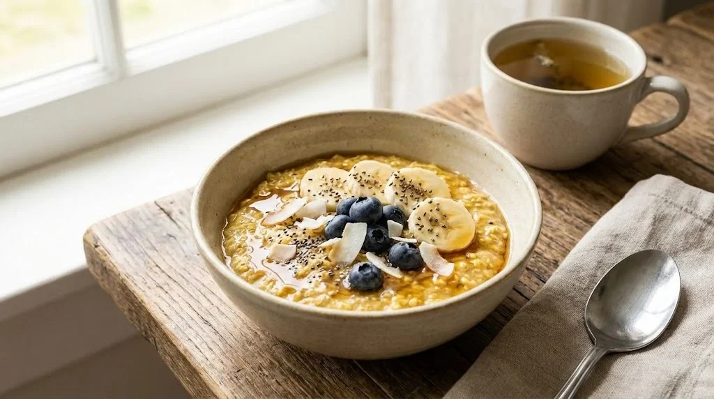 bol ceramic cu ovaz golden overnight garnit cu rodii de banane, afine, seminte chia, fulgi cocos si strop sirop artar