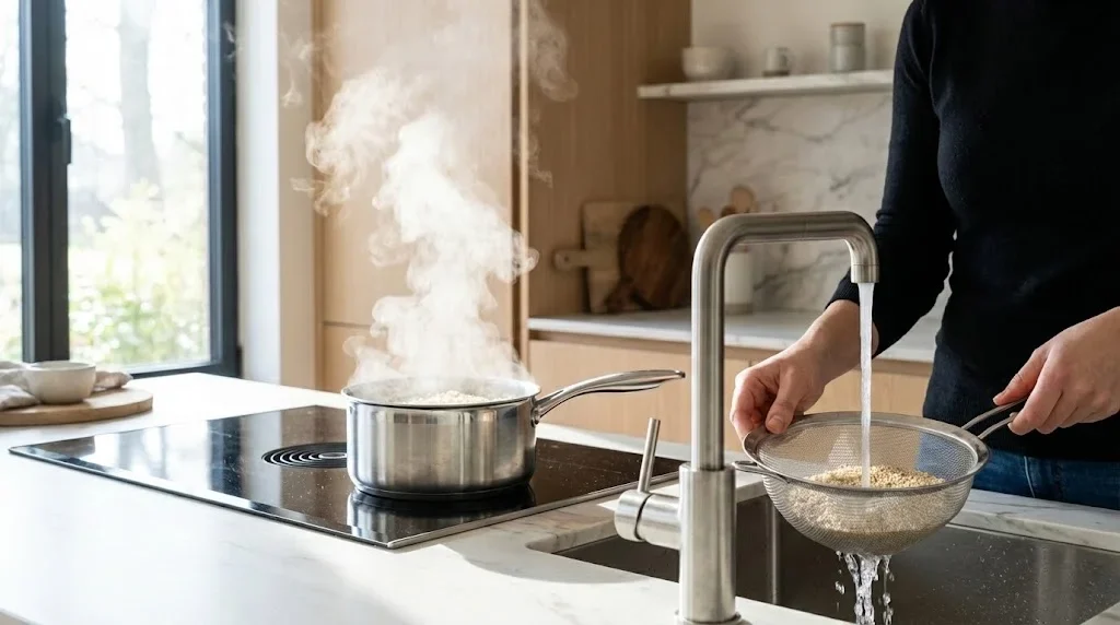 Quinoa alba clătită în strecurătoare și fiartă în oala pe aragaz, preparare pas cu pas, bucătărie modernă