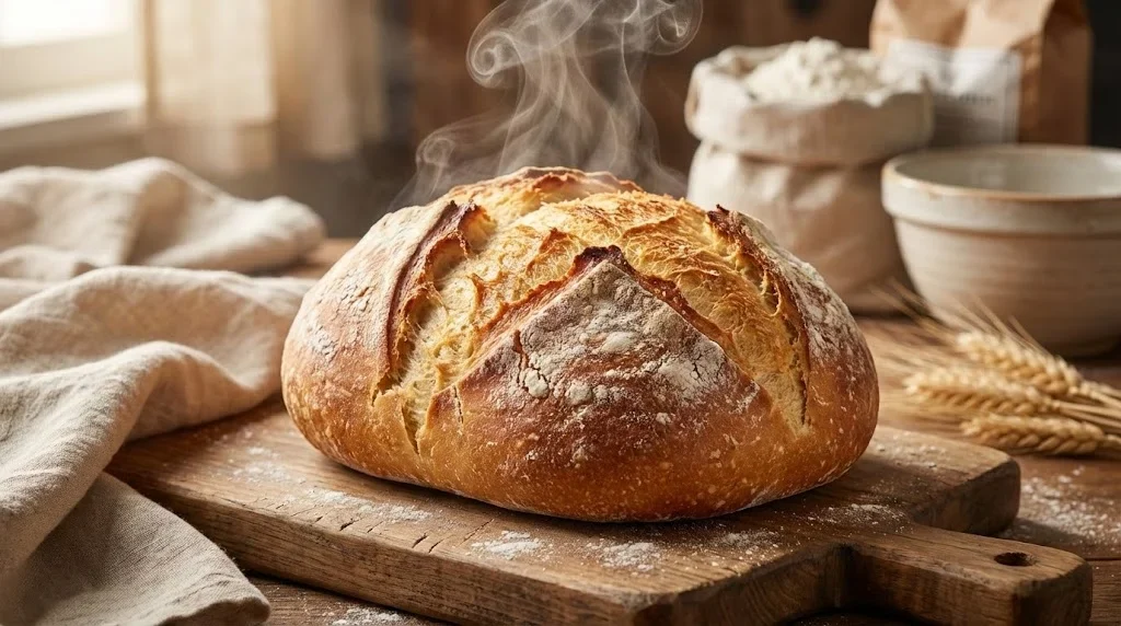 Pâine proaspătă de casă cu coajă aurie pe blatul de lemn din bucătărie