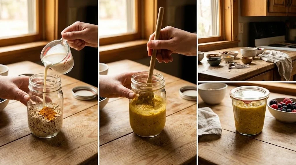 proces preparare overnight oats golden - adaugare ingrediente in borcan transparent, mixare fulgi ovaz cu lapte cocos si condimente