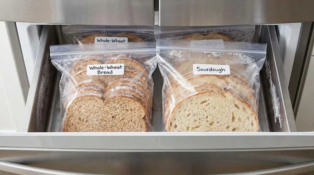 Pâine congelată în pungi cu fermoar transparente pentru păstrare pe termen lung