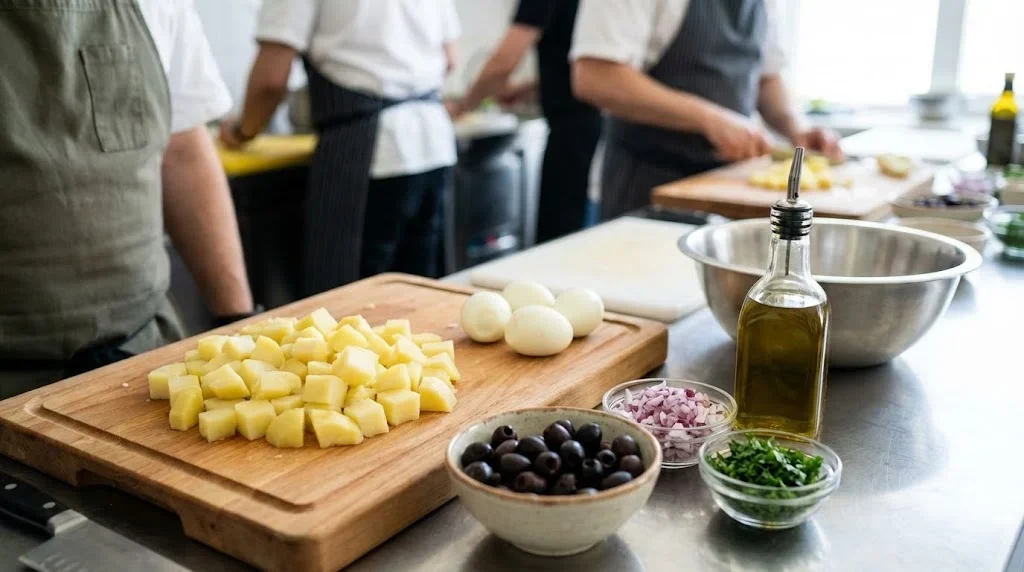 Cartofi fierți tăiați cubulețe, ouă fierte, măsline negre și ceapă roșie pregătite pentru salata orientală