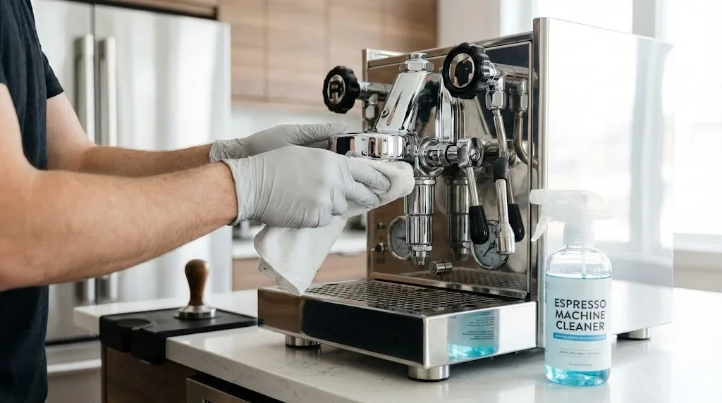 Persoană curățând un espressor cu soluție de oțet, ilustrând procesul de detartrare pas cu pas
