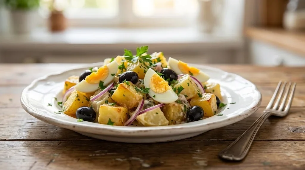 Porție de salată orientală de cartofi cu măsline și ou fiert servită pe farfurie albă cu pătrunjel proaspăt