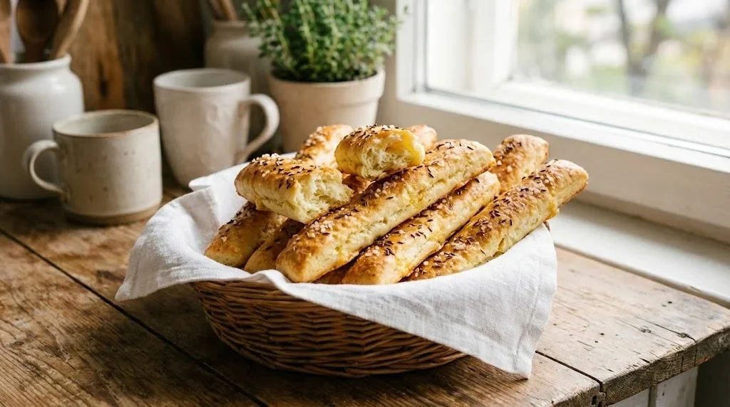 Saratele cu branza coapte, aurii și crocante, servite într-un coș cu șervet alb, pe masă de lemn rustic