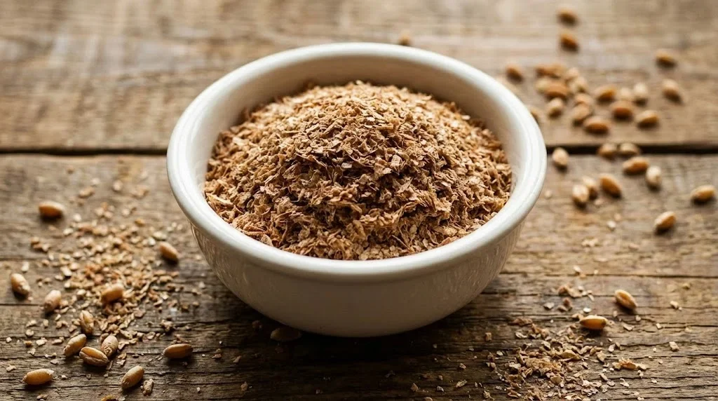 Tarate de grau in bol ceramic alb, textura fibroasa maron, boabe de grau imprastiate, concept nutritional