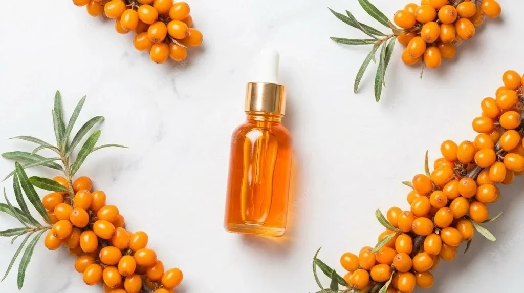 Ulei de catina natural in sticla cu fructe proaspete