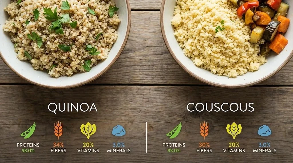 Infografic comparativ valori nutritionale quinoa si cuscus per 100 grame, proteine, fibre, calorii, vitamine