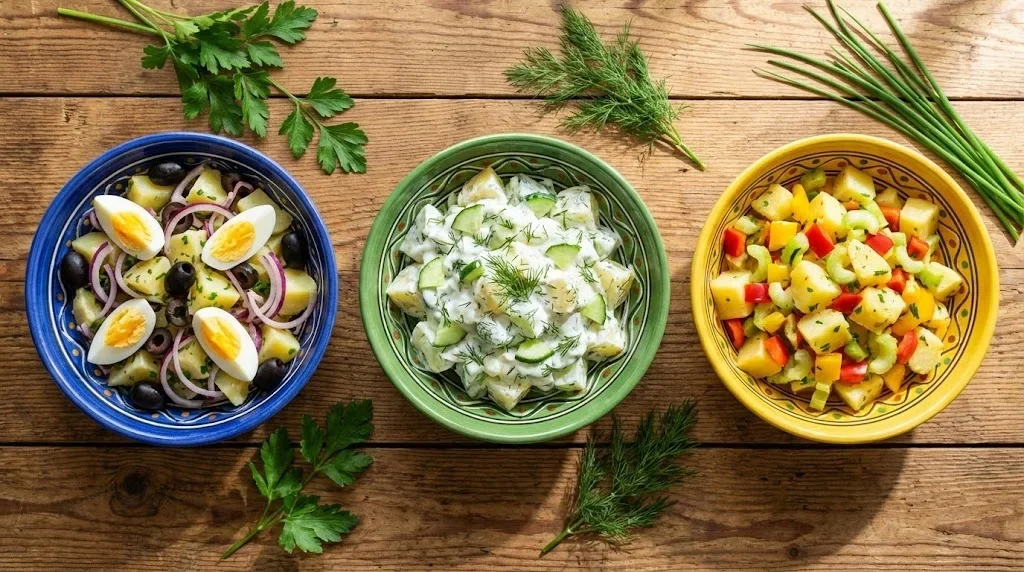 Trei versiuni ale salatei orientale de cartofi cu ardei gras, țelină și morcovi în boluri colorate