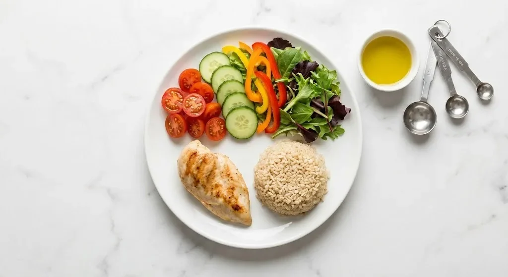 Controlul porțiilor pentru slăbit - farfurie echilibrată cu legume, proteine și carbohidrați măsurați