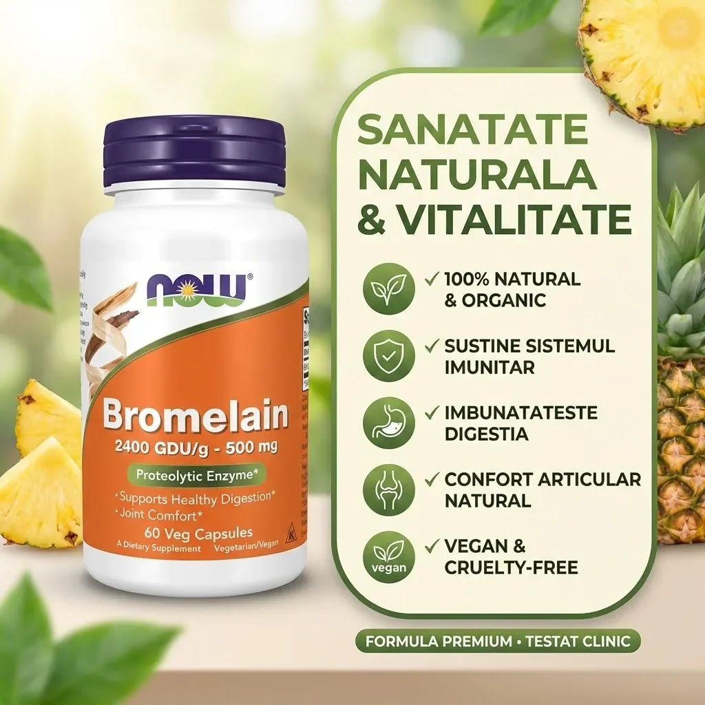 Bromelaină din ananas, 500mg, 60 capsule vegetale, NOW Foods