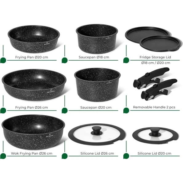 Set oale antiaderente cu mânere detașabile și strat ceramic fără PFAS, Just Perfecto JL-998, 11 piese