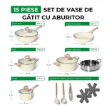 Set oale si cratite inductie 15 piese granit crem cu capac si accesorii Easy Cook and Clean JUST PERFECTO JL-779 - Casa si Bucatarie