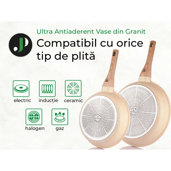 Set oale si cratite inductie 15 piese granit crem cu capac si accesorii Easy Cook and Clean JUST PERFECTO JL-779 - Casa si Bucatarie