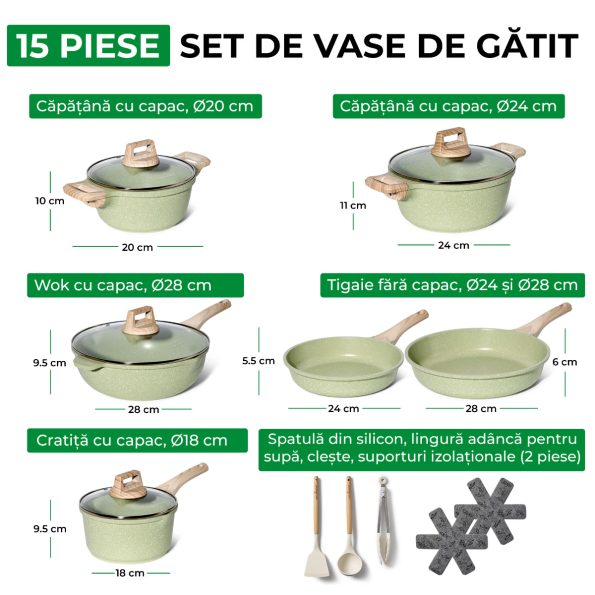 Set oale si cratite inductie 14 piese granit verde cu capac silicon Easy Cook and Clean JUST PERFECTO