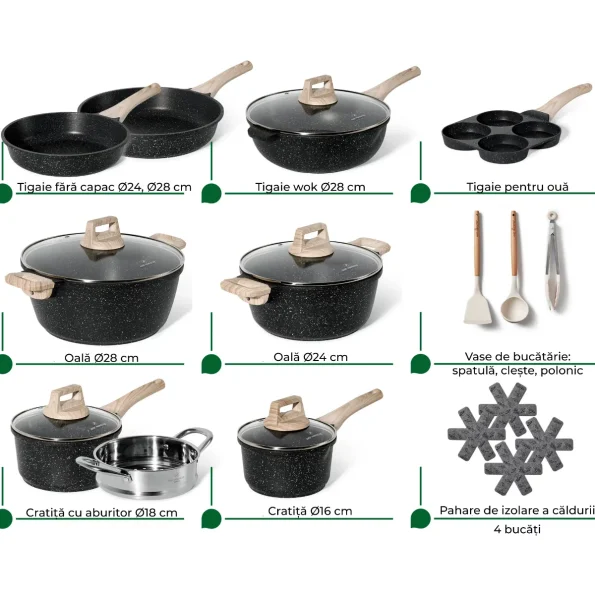 Set de oale 21 piese cu accesorii granit negru, capac silicon Easy Cook and Clean JUST PERFECTO JL722 - Casa si Bucatarie