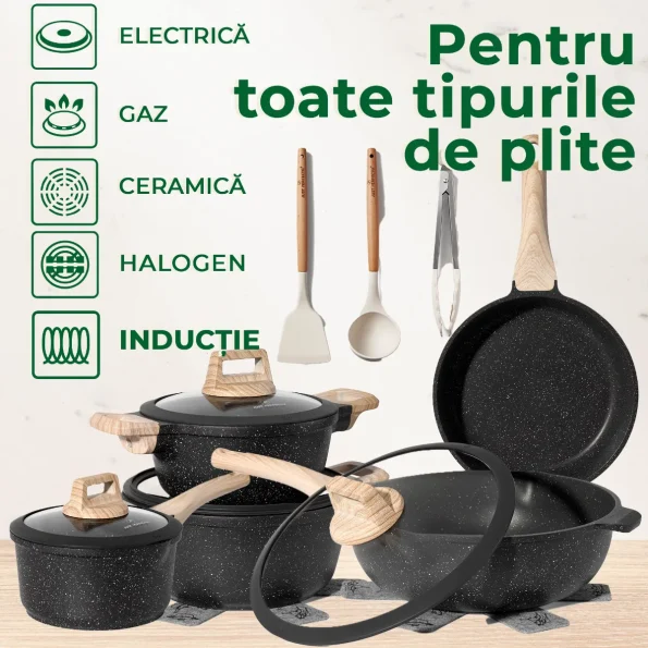 Set de oale pentru inducție cu înveliș din granit negru, 14 piese, Just Perfecto JL-889 - Casa si Bucatarie