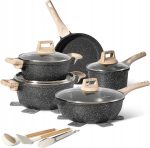 Set de oale negru granulat cu aspect de piatră vulcanică, Just Perfecto JL-778, 14 piese Set de oale negru granulat cu aspect de piatră vulcanică, Just Perfecto JL-778, 14 piese