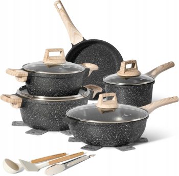 Set de oale negru granulat cu aspect de piatră vulcanică, Just Perfecto JL-778, 14 piese - Casa si Bucatarie