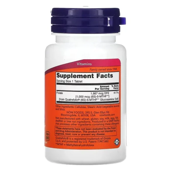 Supliment alimentar activ metabolic Quatrefolic 1000 mcg, Methyl Folate, NOW Foods, 90 tablete