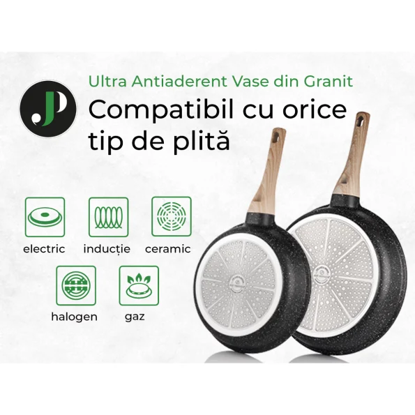 Set de gătit din aluminiu turnat aspect de granit negru și mânere cu textură de lemn, Just Perfecto JL-27, 15 piese