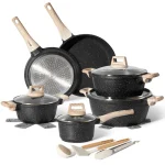 Set de gătit din aluminiu turnat aspect de granit negru și mânere cu textură de lemn, Just Perfecto JL-27, 15 piese Set de gătit din aluminiu turnat aspect de granit negru și mânere cu textură de lemn, Just Perfecto JL-27, 15 piese