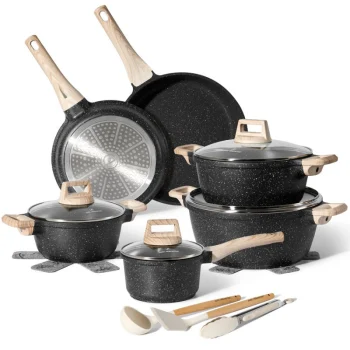 Set de gătit din aluminiu turnat aspect de granit negru și mânere cu textură de lemn, Just Perfecto JL-27, 15 piese